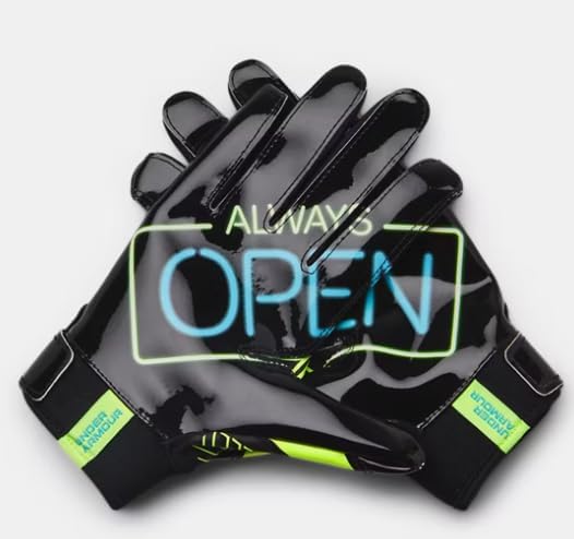 Under Armour Boys F9 Novelty Football Gloves, (002) Black/High-Vis Yellow/Sky Blue, Small