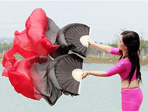 Kikigoal 1 Pair(Leftright) Women Real Silk Belly Dance Fan Veil, Length 180Cm Width 90Cm (Gradual Red)
