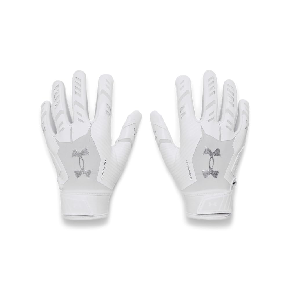 Under Armour Boys' Pee Wee F9 Football Gloves, (100) White/Distant Gray/Metallic Silver, One Size Fits Most