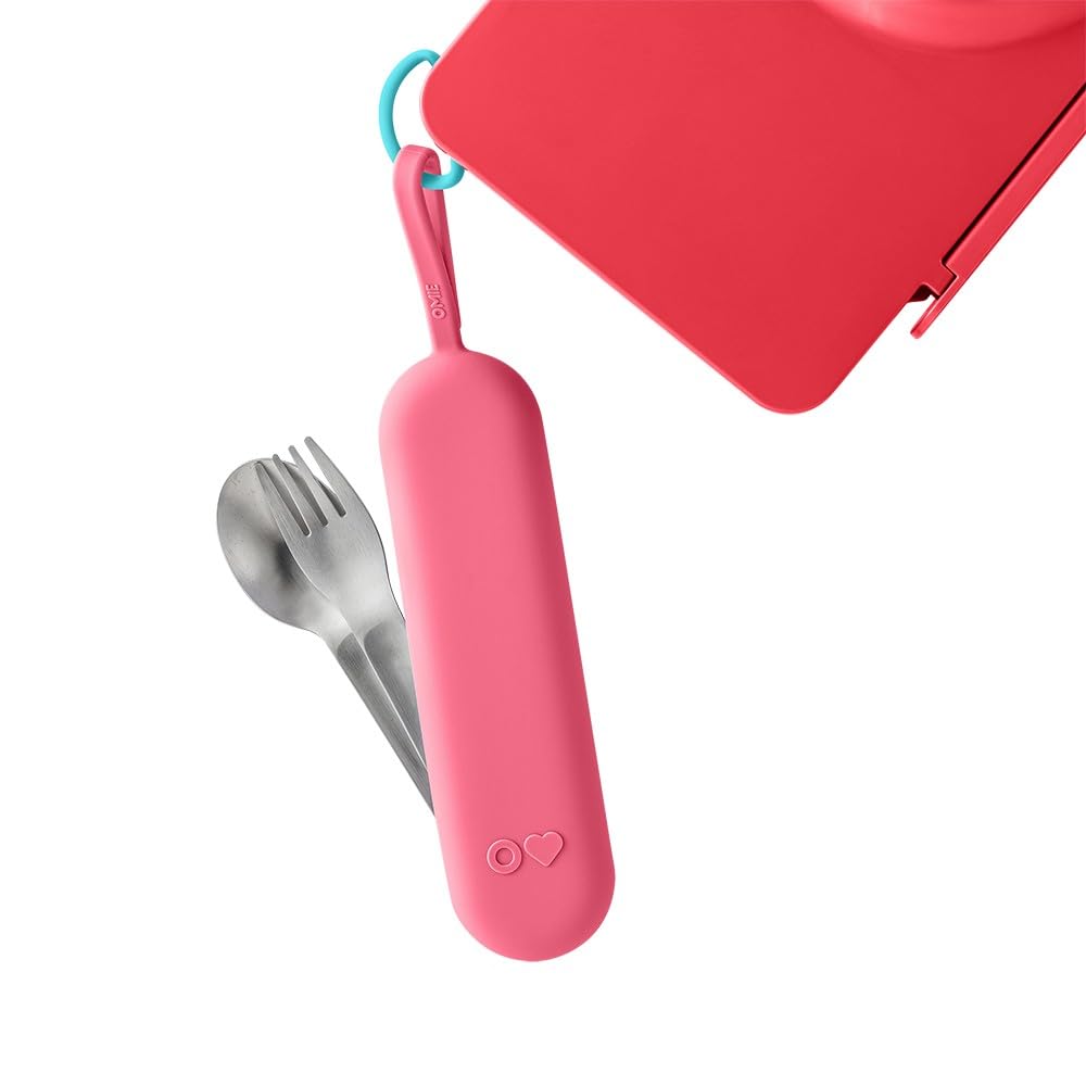 Omie OmieBox Travel Utensil Set | Fork and Spoon with Case for Easy Travel | Stainless Steel Fork and Spoon | Pink