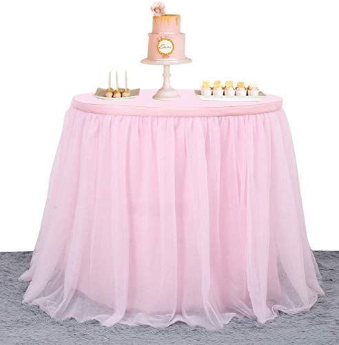 Nssonben 14Ft Pink Tulle Table Skirt Fluffy And Elegant Tutu Table Skirts For Wedding Birthday Party Baby Shower (L168Inah30In)