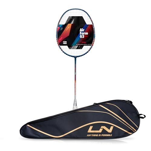 Lining AirForce 78 G3 Carbon Fibre Strung Badminton Racket with Full Cover (78g, Navy/Silver/Orange)