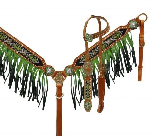 Showman Ombre Fringe Headstall And Breast Collar Set With Beaded Cross Inlay (Pink)