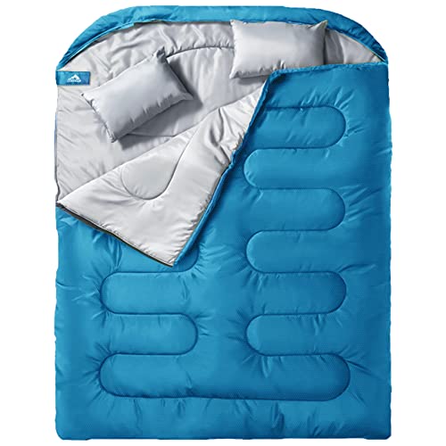 Mereza Double Sleeping Bag For Adults Mens With Pillow, Xl Queen Size For All Season Camping Hiking Backpacking 2 Person Sleepin