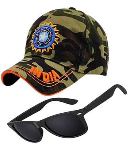 Mee Trend Self Design,Embroidered Cap & Wonderful Combo Sunglsses For Boys & Girls (Ind Army +Black)