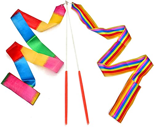 Dance Ribbons Rainbow Streamers Rhythmic Gymnastics Ribbon Baton Twirling Wands On Sticks 2Pc For Kids Artistic Dancing