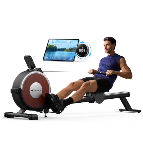 Rowing Machine, Merach Bluetooth Magnetic Rower Machine With Dual Slide Rail, 16 Levels Of Electromagnetic Resistance, Max 350Lb