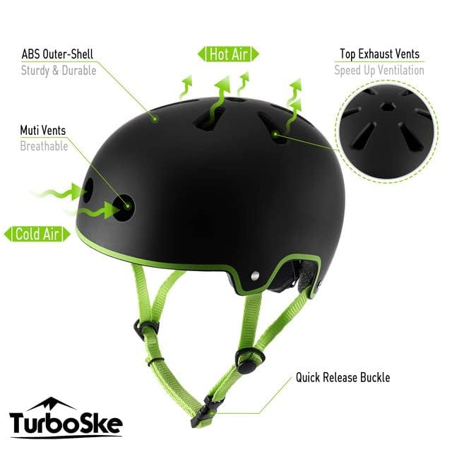 Turboske Skateboard Helmet, Bmx Helmet, Multi-Sport Helmet, Bike Helmet For Youth, Men, Women (Black&Green, L/Xl)