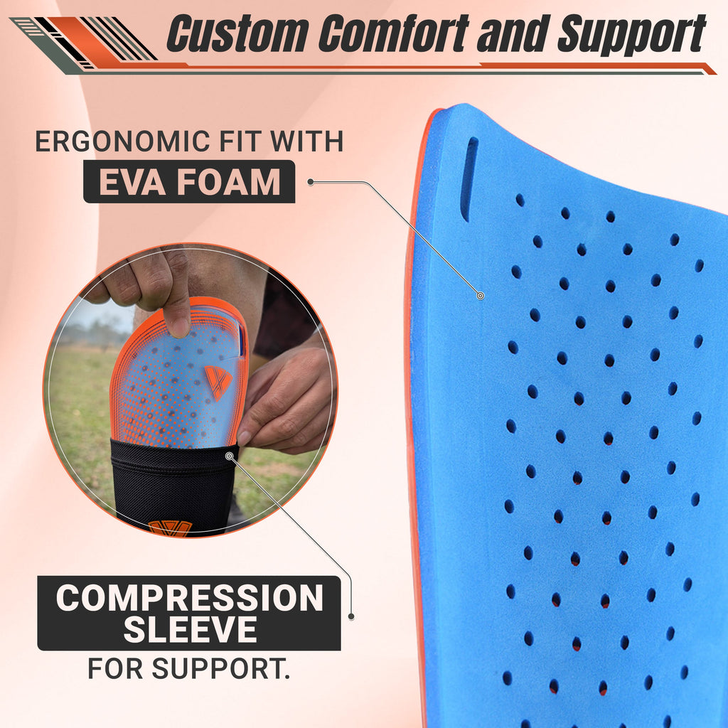 Atletico Soccer Shin Guard with Compression Pocket Sleeve - Orange/Blue - Vizari Sports