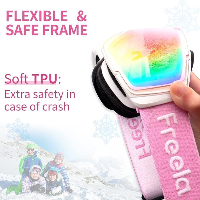 Freela 2 Pack Kids Ski Goggles 4-6 10-12 8-12 6-14, Pink&Green Skiing Snowboarding Snowmobile Winter Snow Glasses, Anti Fog UV P