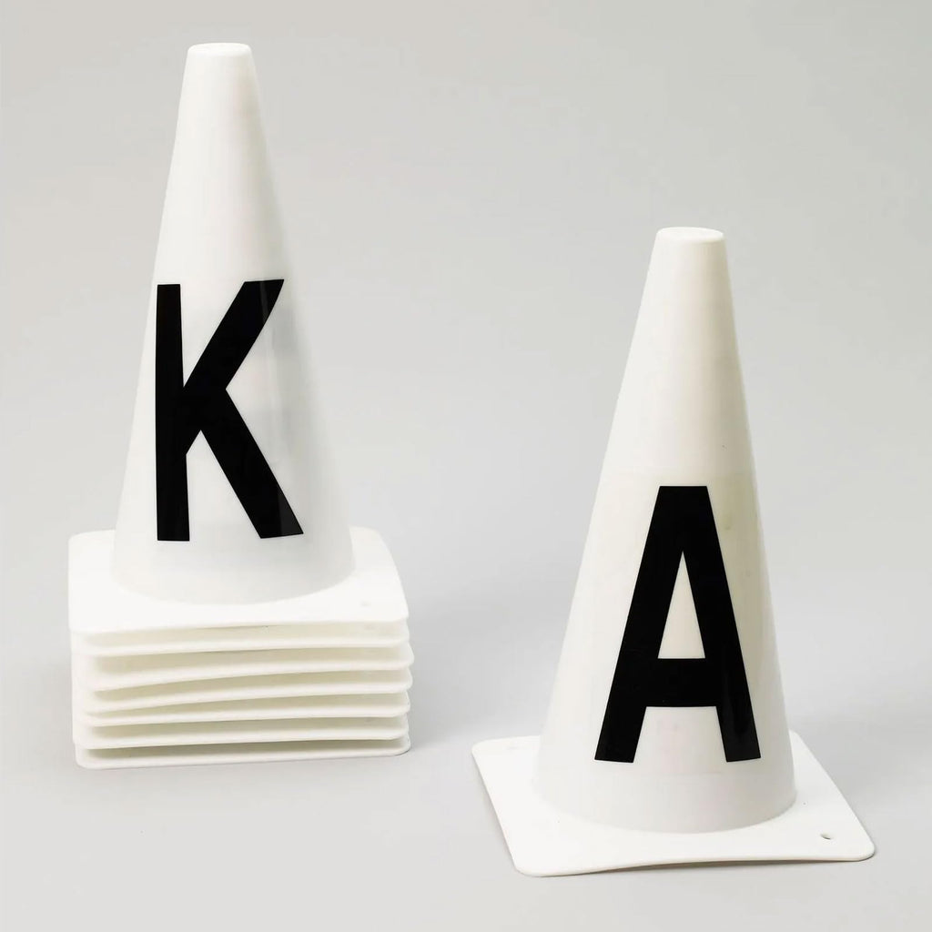 Ovation A, B, C, E, F, H, K, M Equestrian Sport Durable On-Set White Dressage Cones With Contrast Black Letters Set Of 8