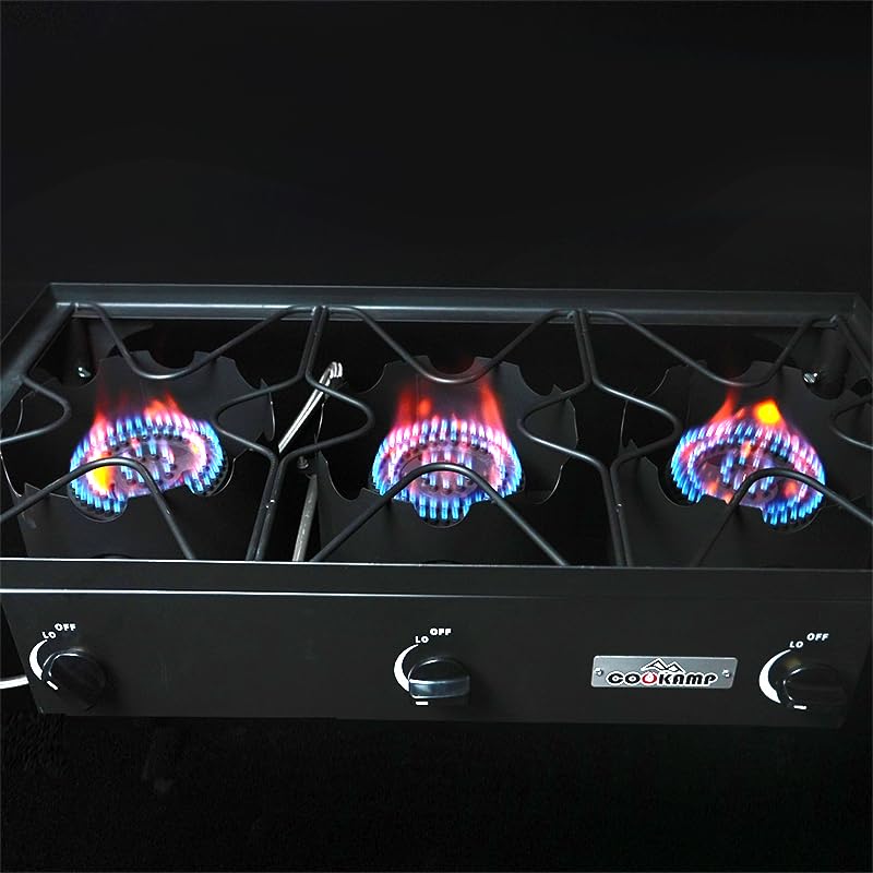 Cookamp High Pressure Triple Propane Burner Outdoor Propane Camping Stove With 0-20 Psi Adjustable High Pressuer Regulator And S