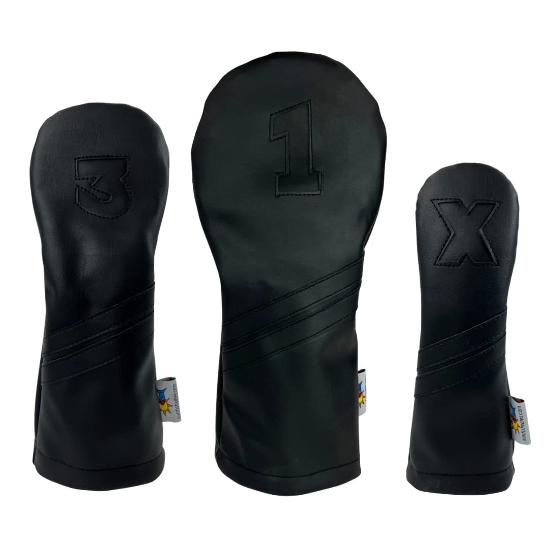 Sunfish Leather Golf Headcover Set 1-3-X Driver Fairway Hybrid Black On Black Murdered Out