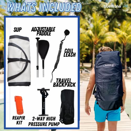 Blue Water Toys Portable Inflatable Stand Up Paddle Board Kit With Pump, Backpack, Coil Leash, And Repair Kit, Sup 350 Pound Lim