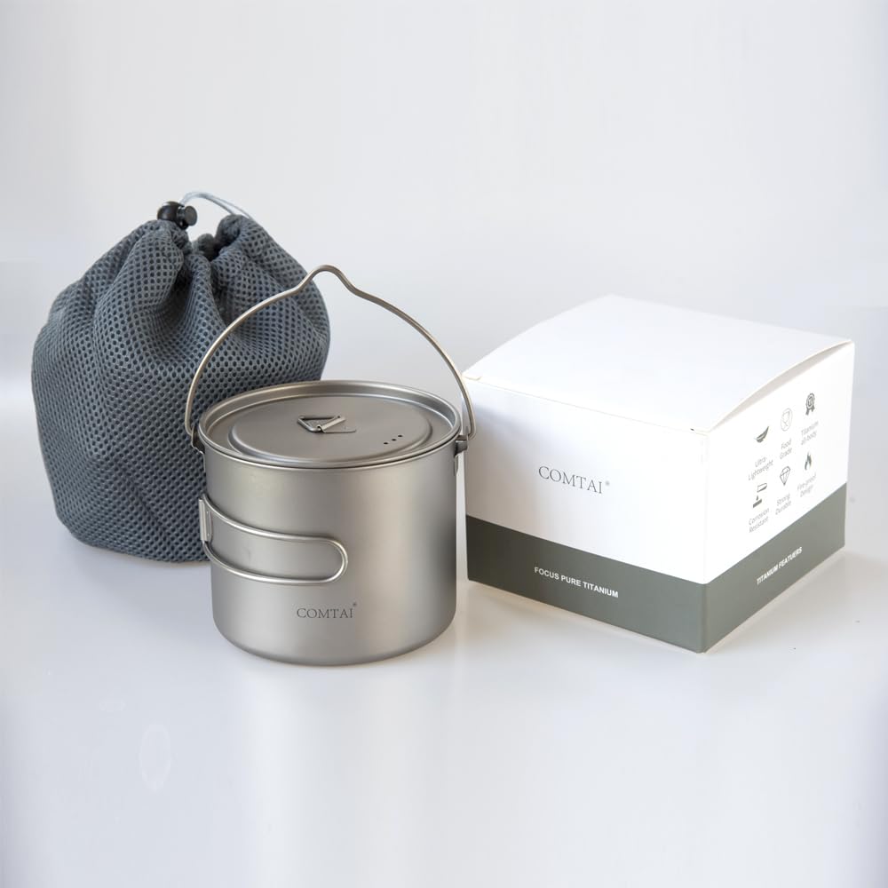 Comtai Titanium Camping Cookware 1100Ml/39 Oz Titanium Pot With Lid And Fotable Handle, Titanium Cook Pot Backpacking For Outdoo