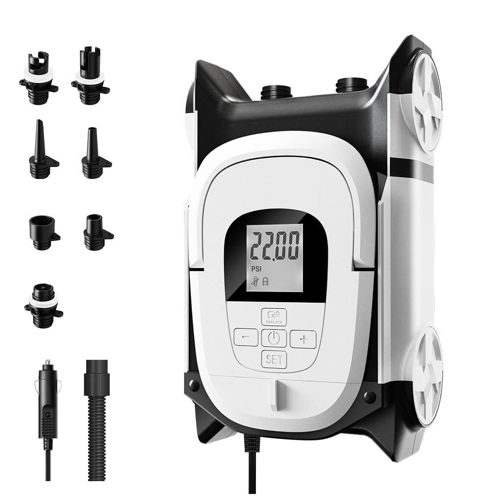 BAVIZZN 22PSI Electric SUP Pump, 12V DC Car Powered Paddle Board Pump with Accurate LCD Gauge & Reliable Auto-Off, Dual Stage In