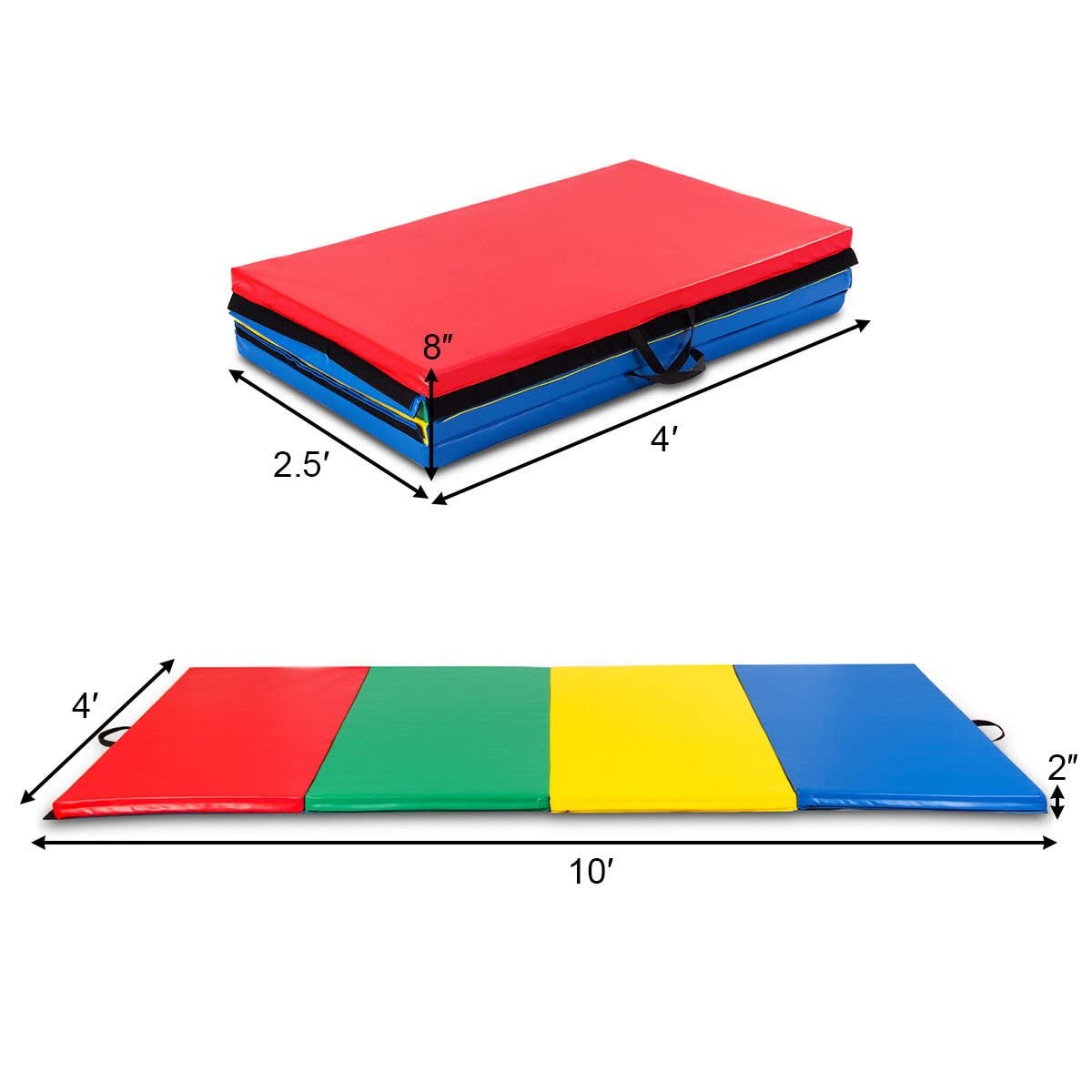 Mat Expert 4X10X2'' Gymnastics Mat Thick Folding For Tumbling Exercise Gym Fitness Mat With Hook & Loop Fasteners (Multicolor)