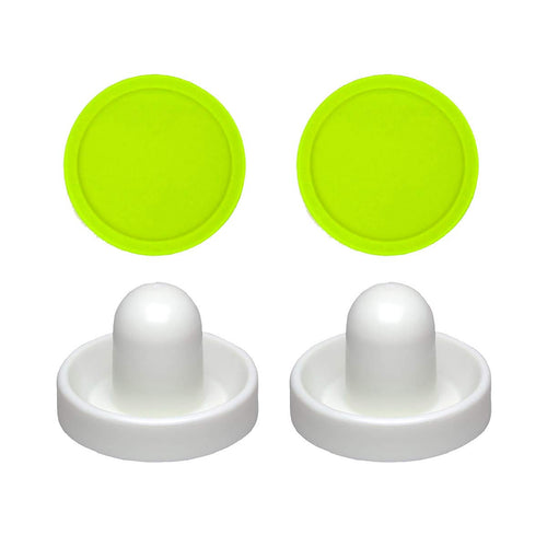 2 Commercial Hockey Fluorescent White Goalies with 2 Large Green Air Pucks