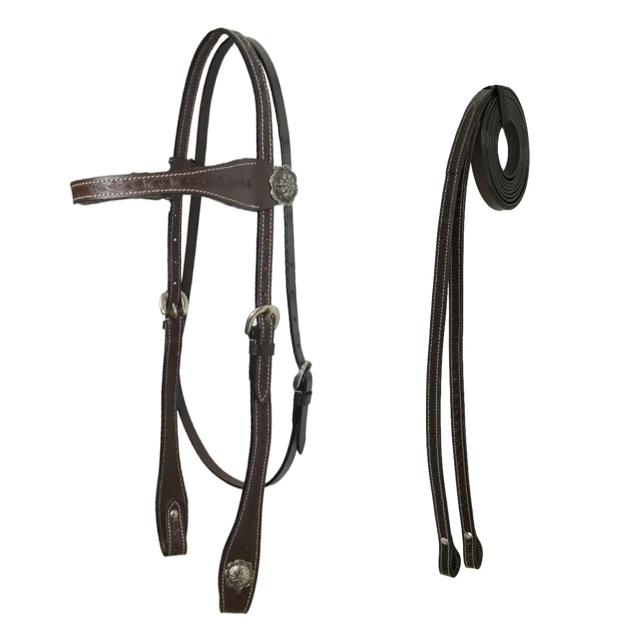 Tahoe Tack Barbwire Leather Western Hand Tooled Browband Headstall With Matching Split Reins, Mini, Mahogany