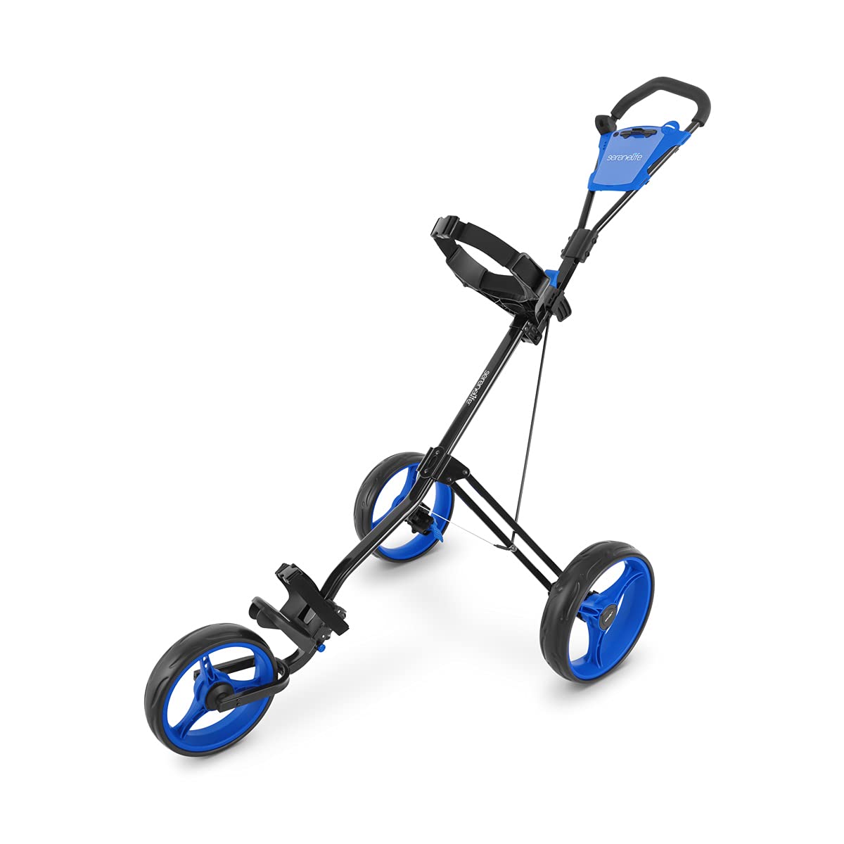 Serenelife 3-Wheel Golf Push Cart - Lightweight Folding Walking Roller Trolley Bag Storage, Upper & Lower Bracket W/Elastic Stra