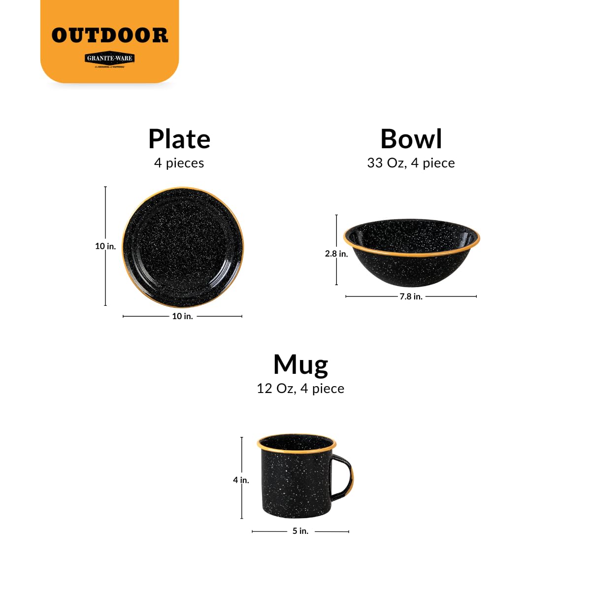 Granite Ware 12-Piece Outdoor Set, Enameled Steel, Perfect For Camping & Picnics - Speckled Black With Color Rim