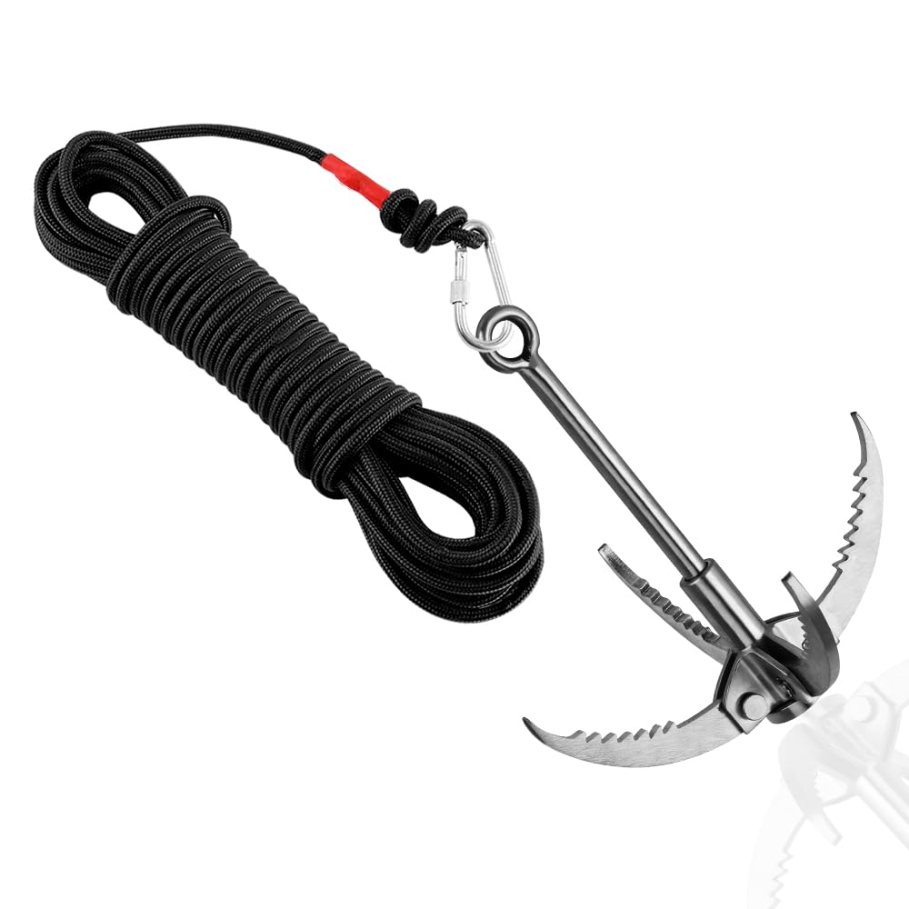 Ant Mag Grappling Hook Stainless Steel Claw Carabiner With 20M/65Ft 6Mm Auxiliary Black Rope For Camping Hiking Tree Grabbing An