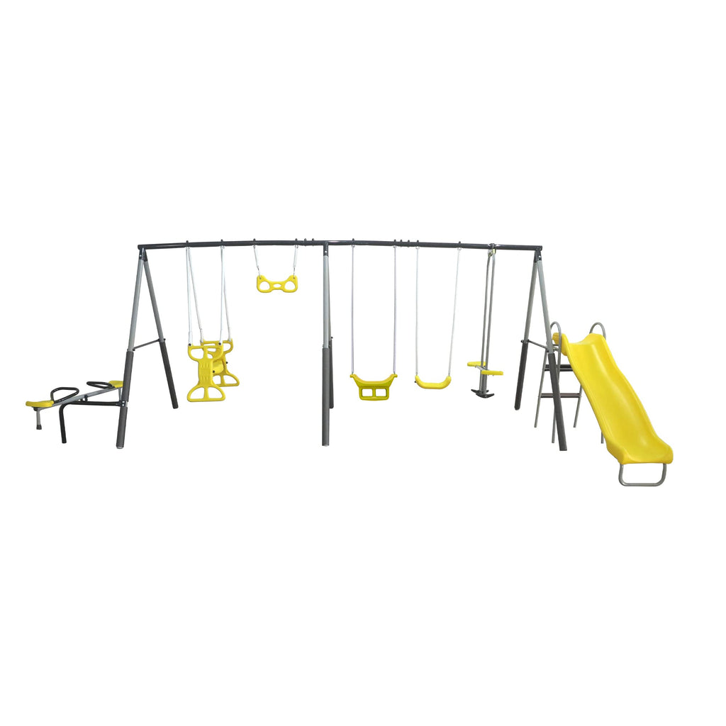 Xdp Recreation Rising Sun Playground Metal A Frame Kids Swing Set With Outdoor Backyard Playset With Slide, See Saw, Glider, And