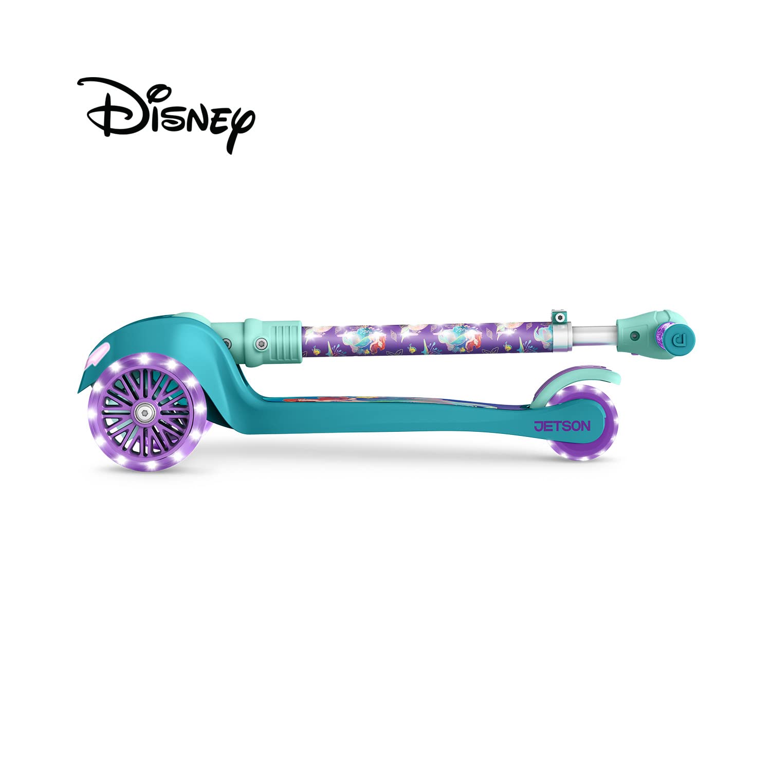 Jetson Disneys The Little Mermaid Three-Wheel Kids Kick Scooter | Includes LED Lights on Stem & Light-Up Wheels |Height-Adjust