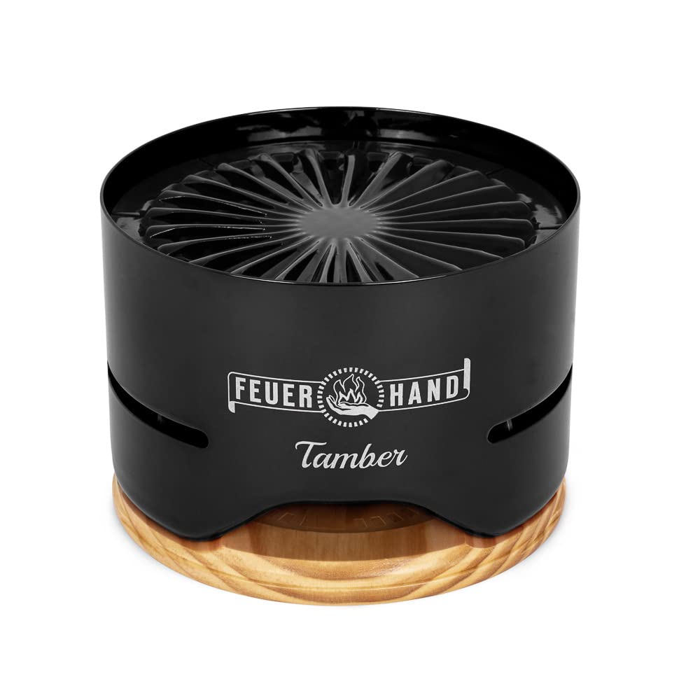 Petromax Feuerhand Tabletop Charcoal Grill, Powder-Coated Steel Tamber For Outdoor Use, Wood Lid, 7.9 Inch Diameter, Black
