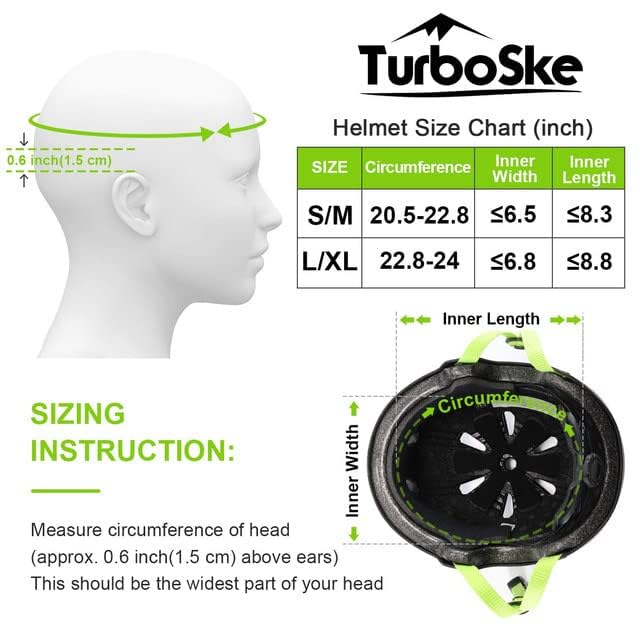 Turboske Skateboard Helmet, Bmx Helmet, Multi-Sport Helmet, Bike Helmet For Youth, Men, Women (Black&Green, L/Xl)