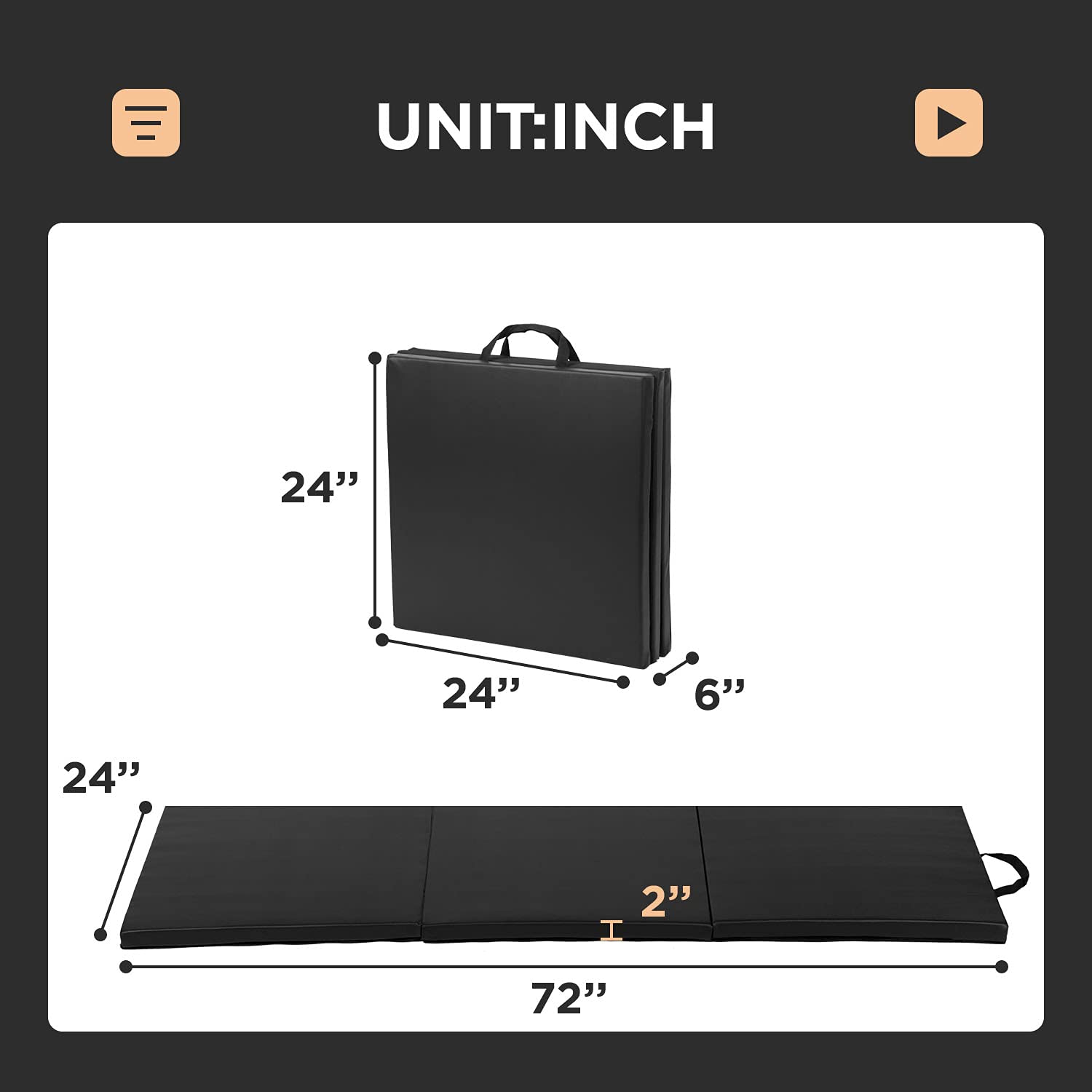 Gymnastics Tumbling Mats Portable Gymnastics Mat 3 Folding Tumbling Mat 2x6x1.6Thick Yoga Mat PU Leather Exercise Mat with Car