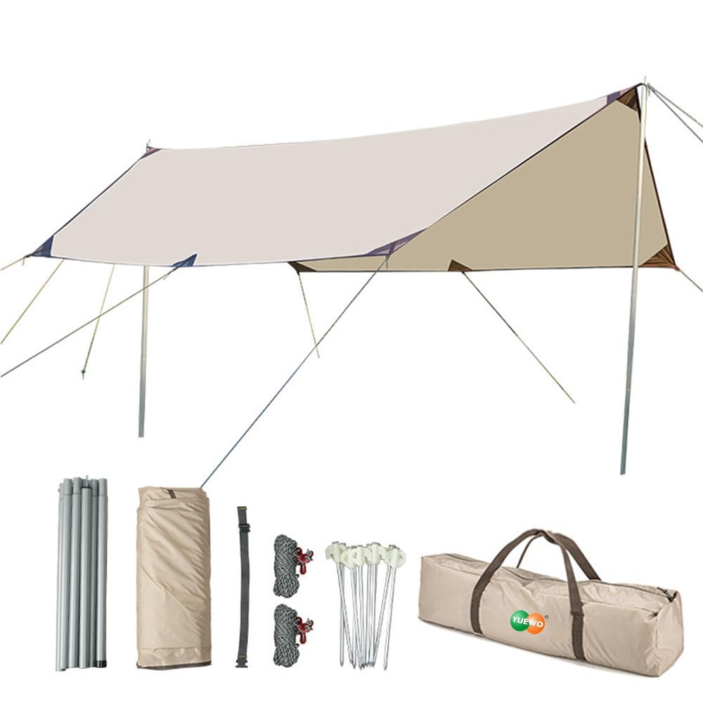Yuewo 15?10Ft Camping Tarp With 2 * 7Ft Poles, Waterproof & Lightweight Tent Tarp, Rain Fly Sun Shelter, 210D Oxford Upf50+ Shel