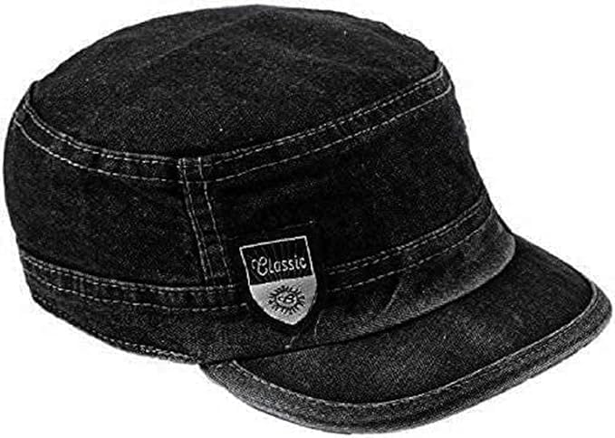 Goodfriends Classic Denim Cadet Cap, Black Military Style Flat Top Hat