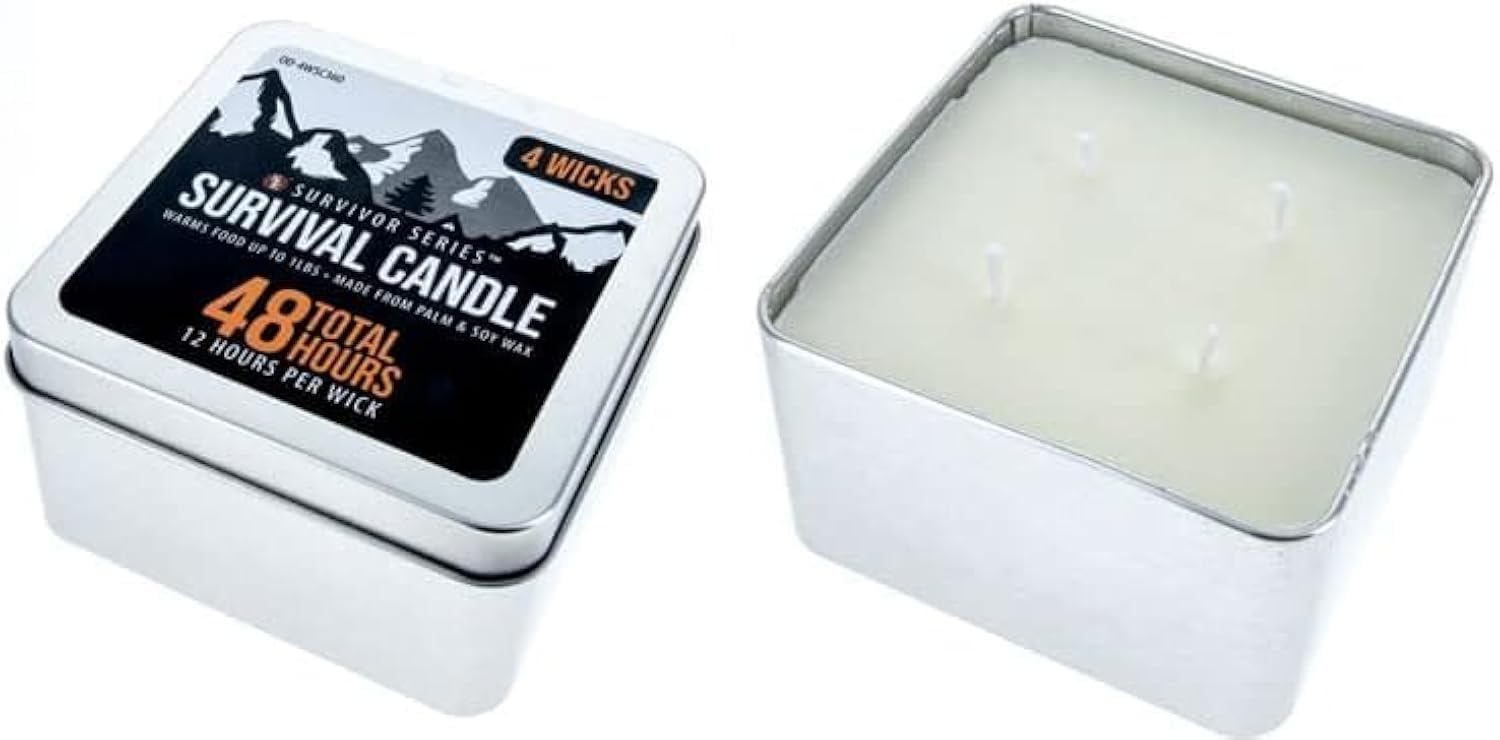 Se 4 Wicks Survival Candle In Tin Box, 48 Total Hours/12 Hours Per Wick Top Layer Soy Wax, Great Light Source Gear For Survival,
