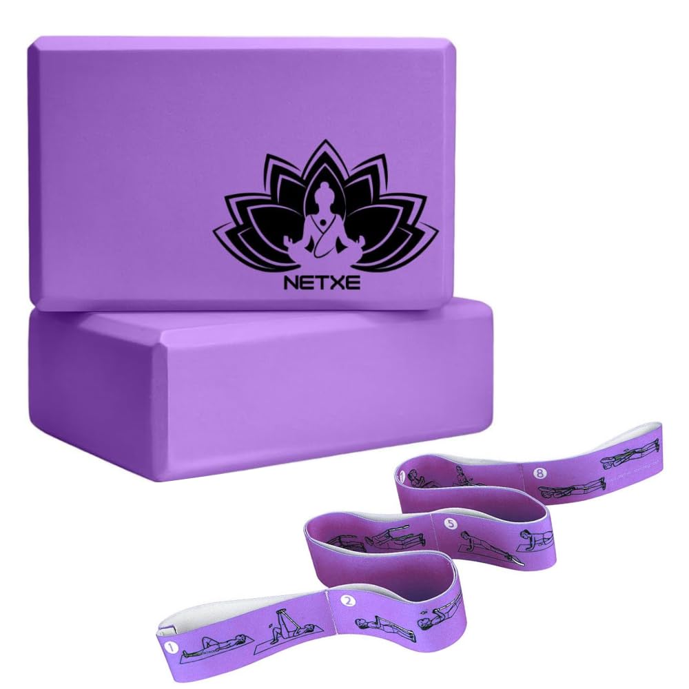 Netxe Yoga Block With Yoga Belt Set,Gh Density Foam Soft NonSlip Yoga Blocks With Yoga Belt For All People, 8 Loops Stretching