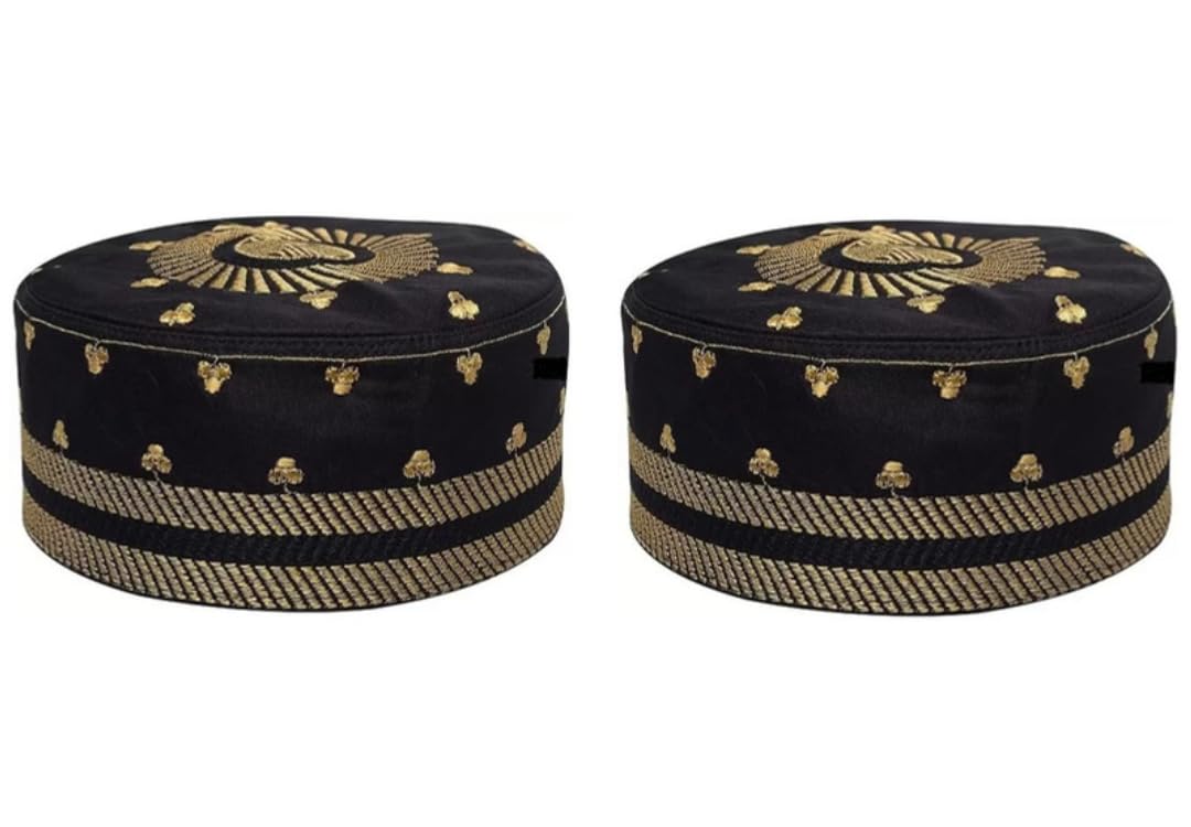 Capiteum Cotton Eid Soofi Knitting Kufi Cap Mens Muslim Designer Stretchable Prayer Topi (Black[G] 2), Free Size