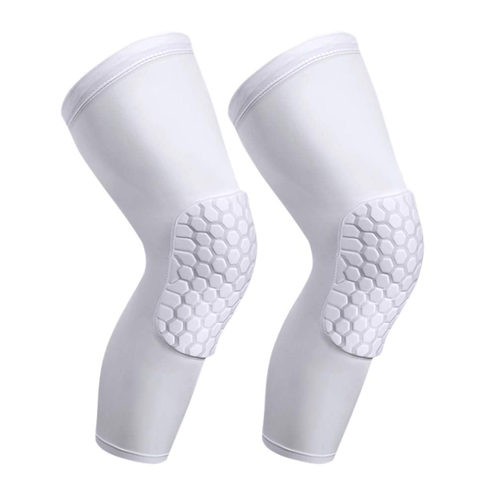 Pisiqi Knee Compression Pads Long Leg Sleeve Brace Protection For Basketball, Football & Volleyball (2 Sleeves) (White, L)