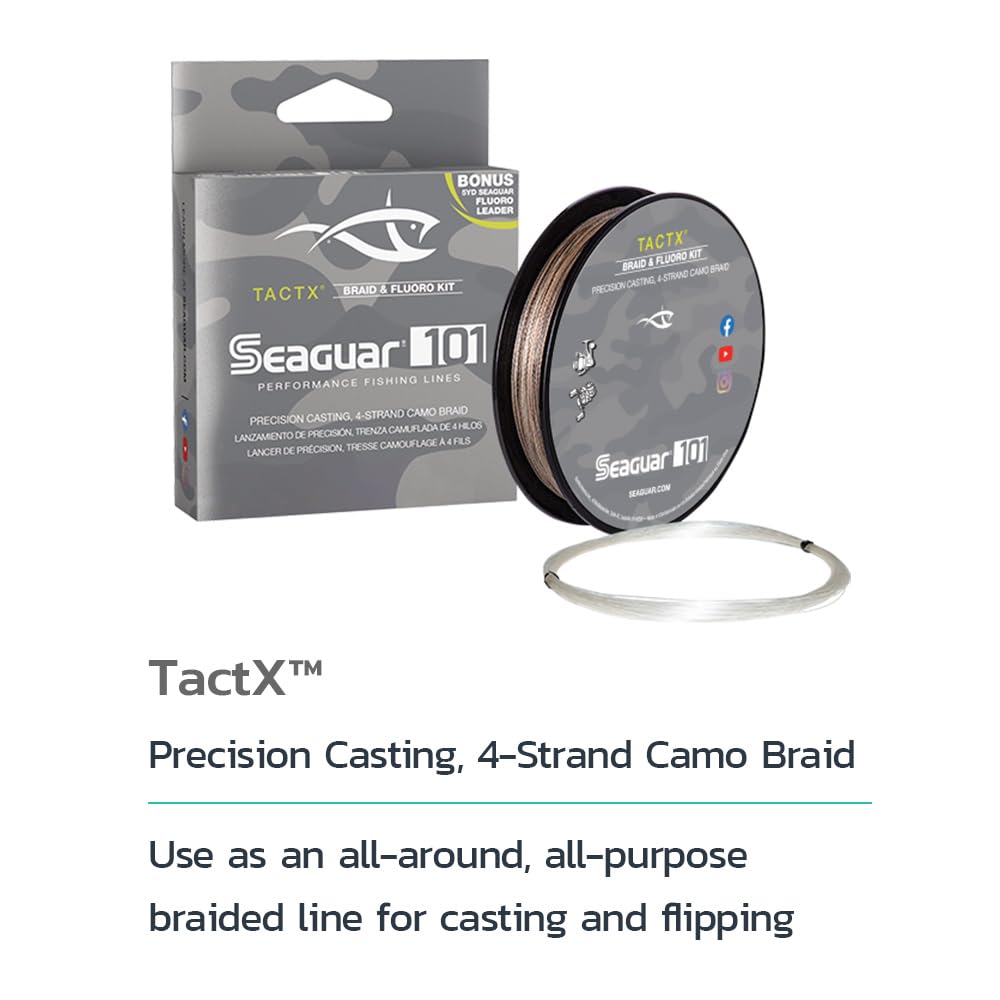 Seaguar 101 Tactx Braided Camo Fishing Line & Fluoro Kit, With Free 5Lb Leader - 80Lbs, 150Yds Break Strength/Length - 80Tcx150