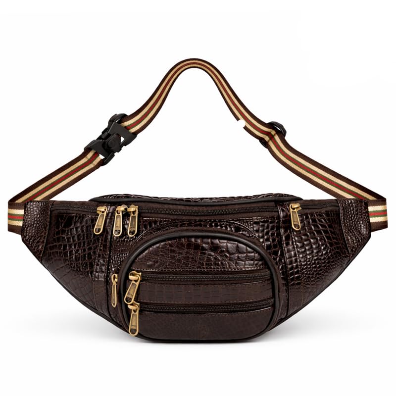 Leather Waist Bag For Men & Women | Adjustable Belt Bag With Multiple Zip Pockets | Travel & Casual Use (Oval_Bbrown_Croc, One S