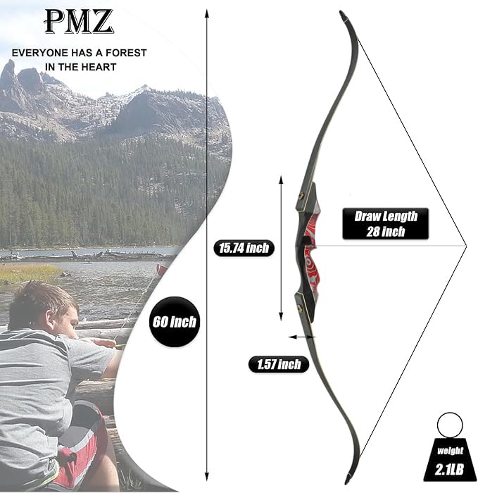 Pmz Recurve Bow And Arrow, Newset Professional Aldults Archery Hunting Bow, 60'' Wooden Takedown Bow, For Youth Beginners To Adv