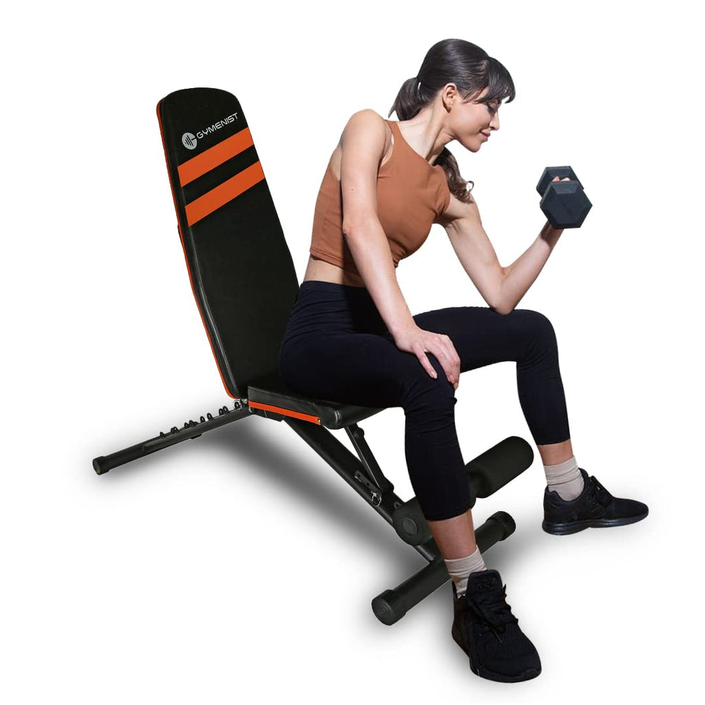 Gymenist Exercise Bench Adjustable Foldable Compact Workout Weight Bench Easy To Carry No Assembly Needed, Black-Orange (Fold-11
