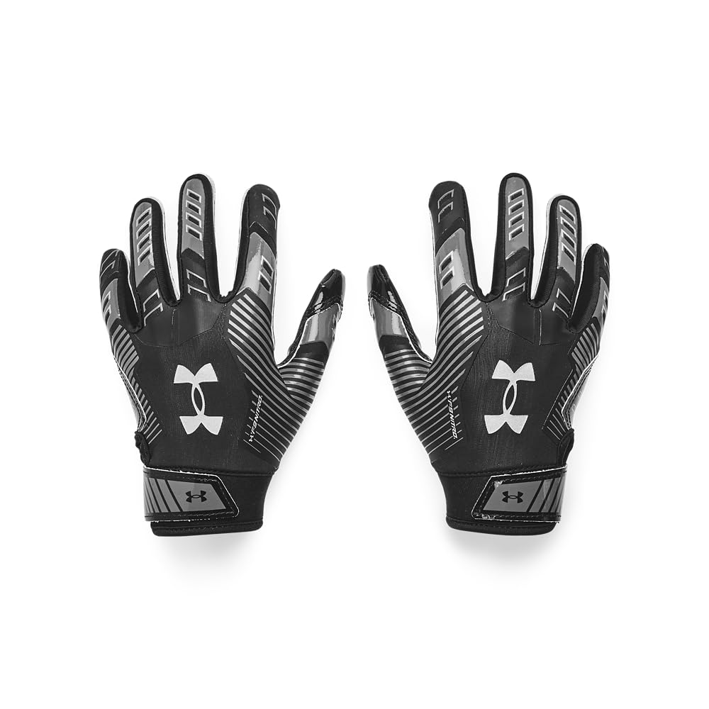 Under Armour Boys' Pee Wee F9 Football Gloves, (001) Black/Castlerock/Metallic Silver, One Size Fits Most