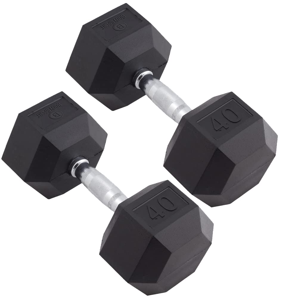 Body Sport Rubber Encased Hex Dumbbell Weight, 40 Lb. (Pair) - Chrome, Anti-Slip Grip For Strength Training - Home Gym & Fitness