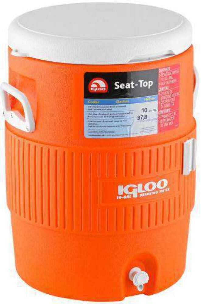 Igloo 10 Gallon Seat Top Water Jug With Cup Dispenser , Orange/White