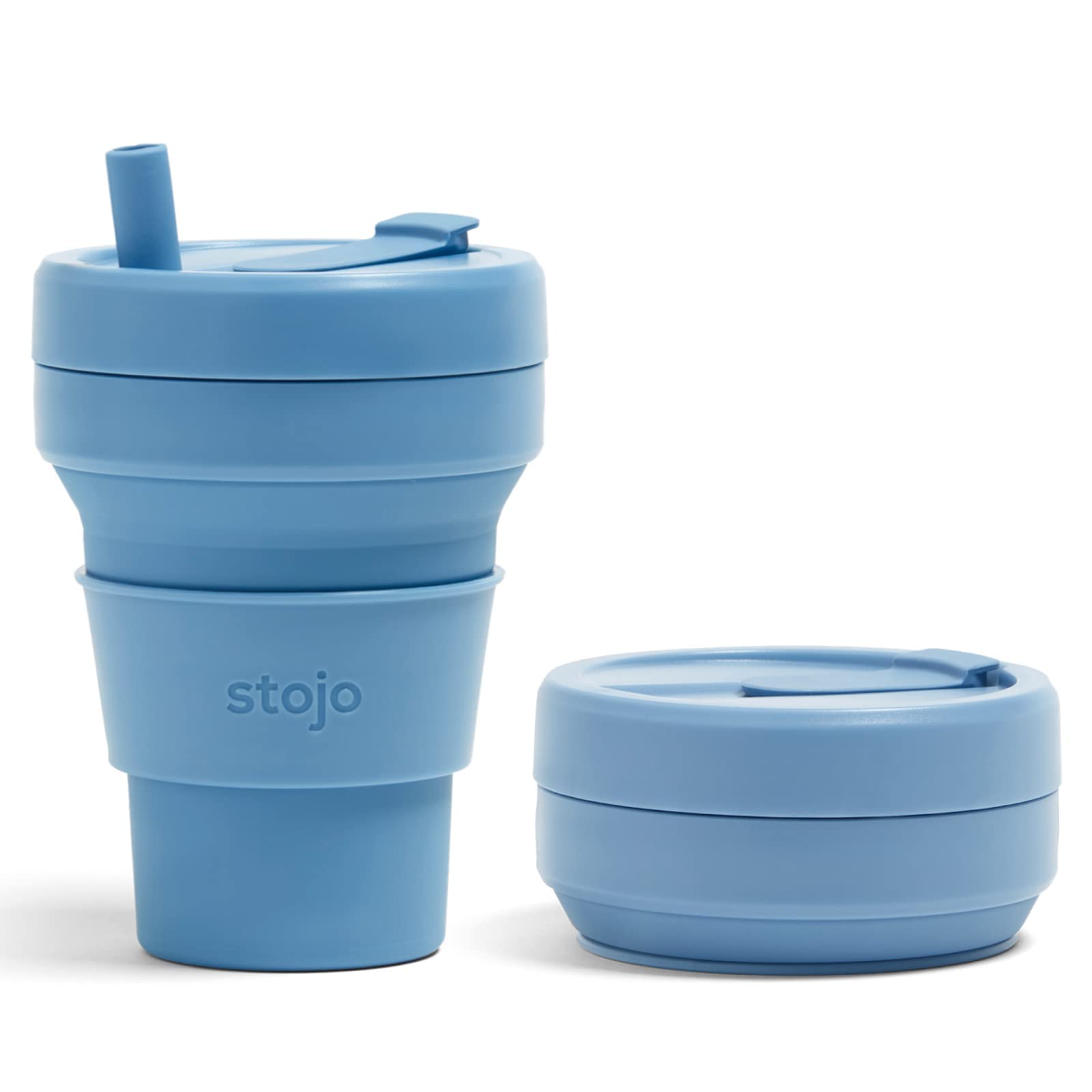 Stojo Collapsible Travel Cup With Straw - Steel Blue, 16Oz / 470Ml - Reusable To-Go Pocket Size Silicone Bottle For Hot And Cold