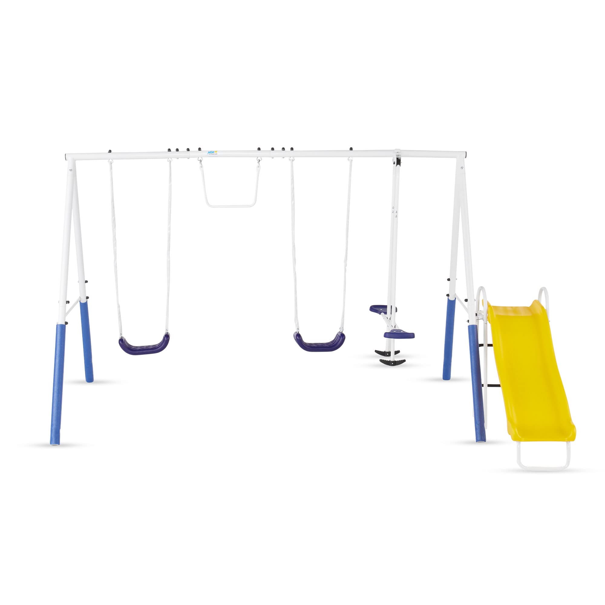 Xdp Recreation Blue Ridge Backyard Playground Set Sturdy Metal A Frame Swing With Chain Covers, Glider, Trapeze, 2 Swings, And S