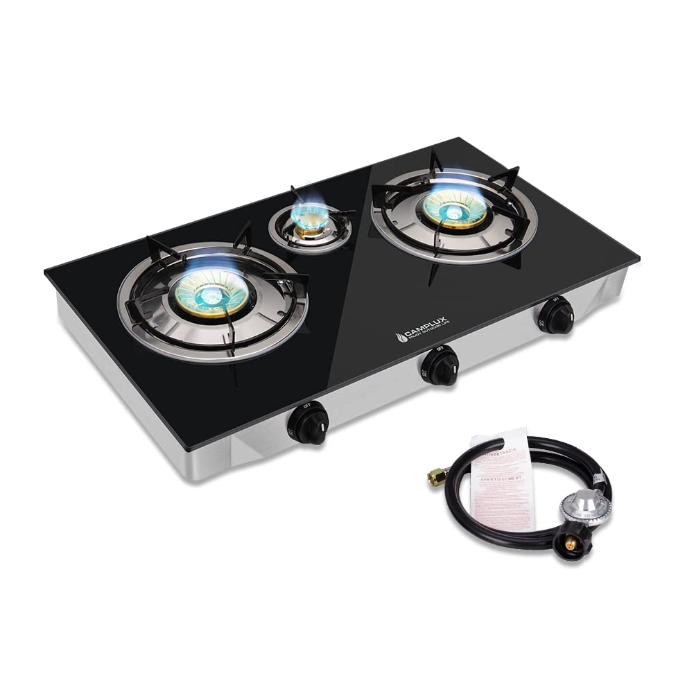 Camplux Propane Gas Stove With 21,600Btu, 3 Burners Propane Stove, Tempered Glass Camping Cooking Stove