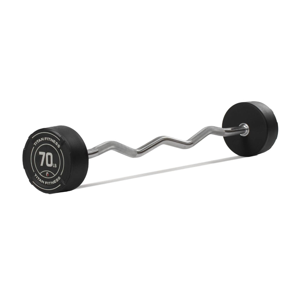 Titan Fitness 70 Lb Rubber Ez Curl Fixed Barbell, Pre-Loaded Weight Bar For Strength Training & Weightlifting