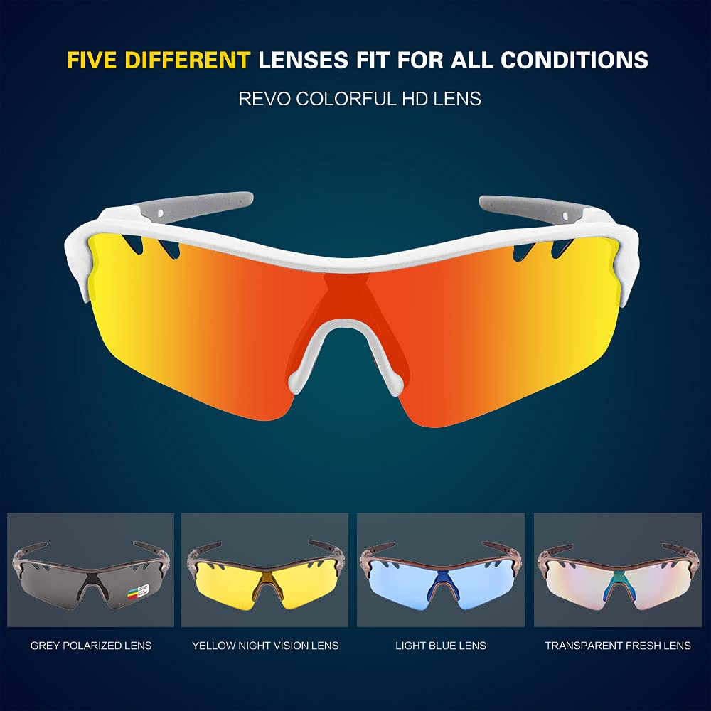Polarized Sports Sunglasses Cycling Sun Glasses For Men Women With 5 Interchangeable Lenes For Running Baseball Golf Driving (Wh