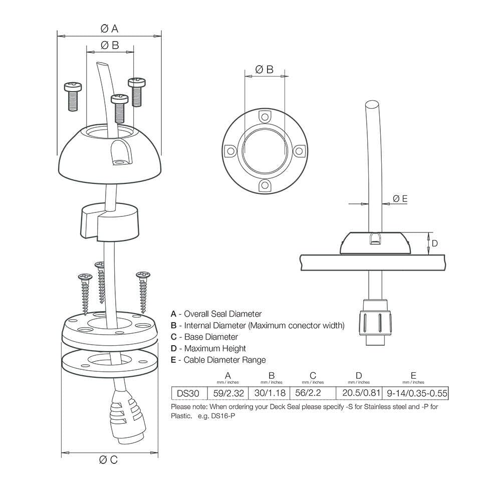 Scanstrut Ds30-S Medium Cable Seal For Connectors To 1.18'' And Cables 0.35''-0.55'' - Stainless Steel